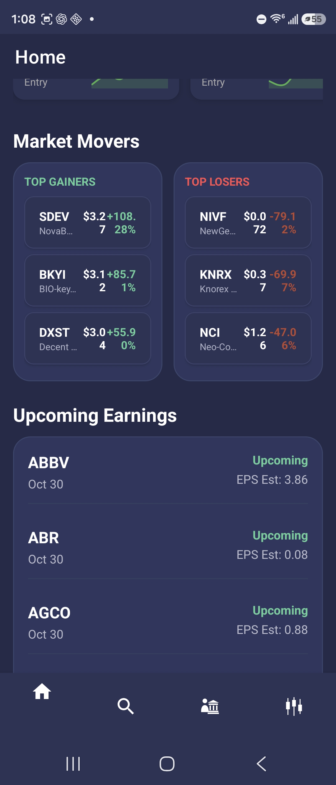 Invescent mobile app showing market movers and upcoming earnings