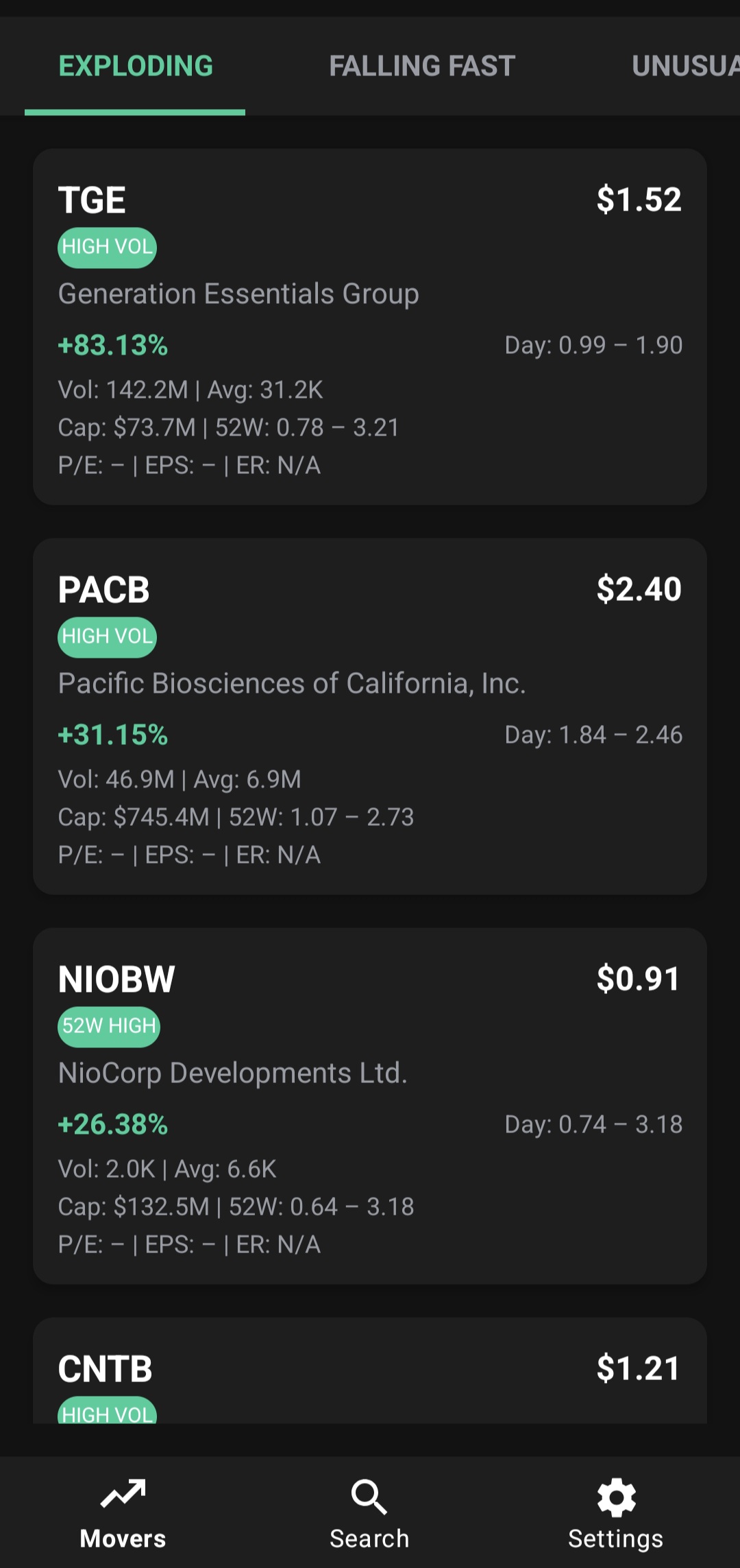 PennySearch mobile app showing penny stock market activity